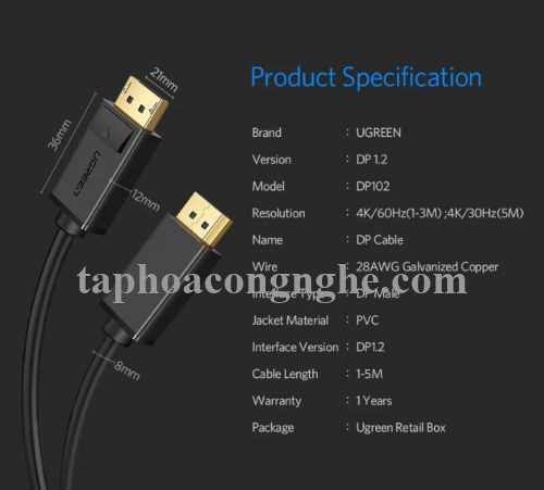 Ugreen 10212 3M Màu Đen Cáp 2 Đầu Displayport chuẩn V1.2 thuần đồng DP102 30010212